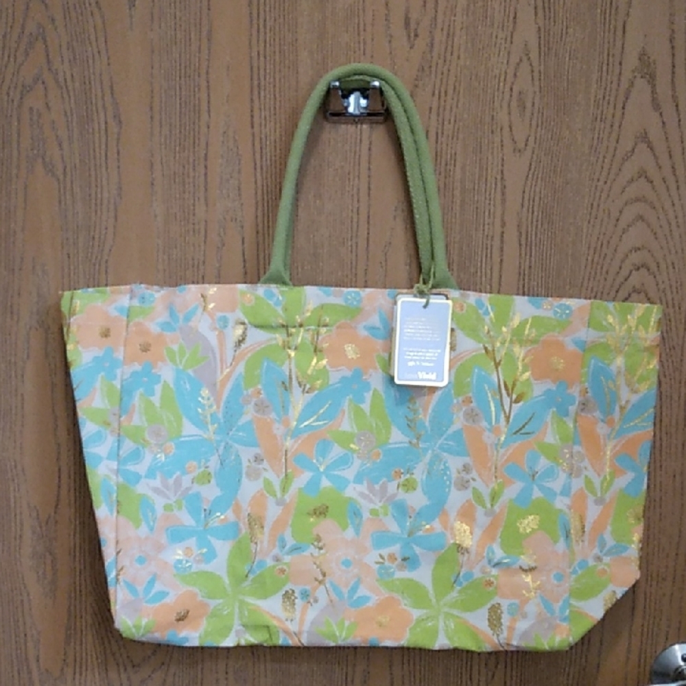 LoveVivid Cream Floral Tote with Green Handles